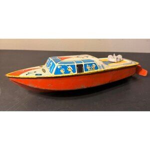 Vintage Tin Toy Boat MS Wind-Up with Retro Design 1950s Era